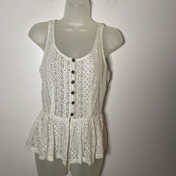 Vintage Y2K Pinky Lace Top Babydoll Sheer Boho Chic Tank Blouse Ivory M - Picture 1 of 7